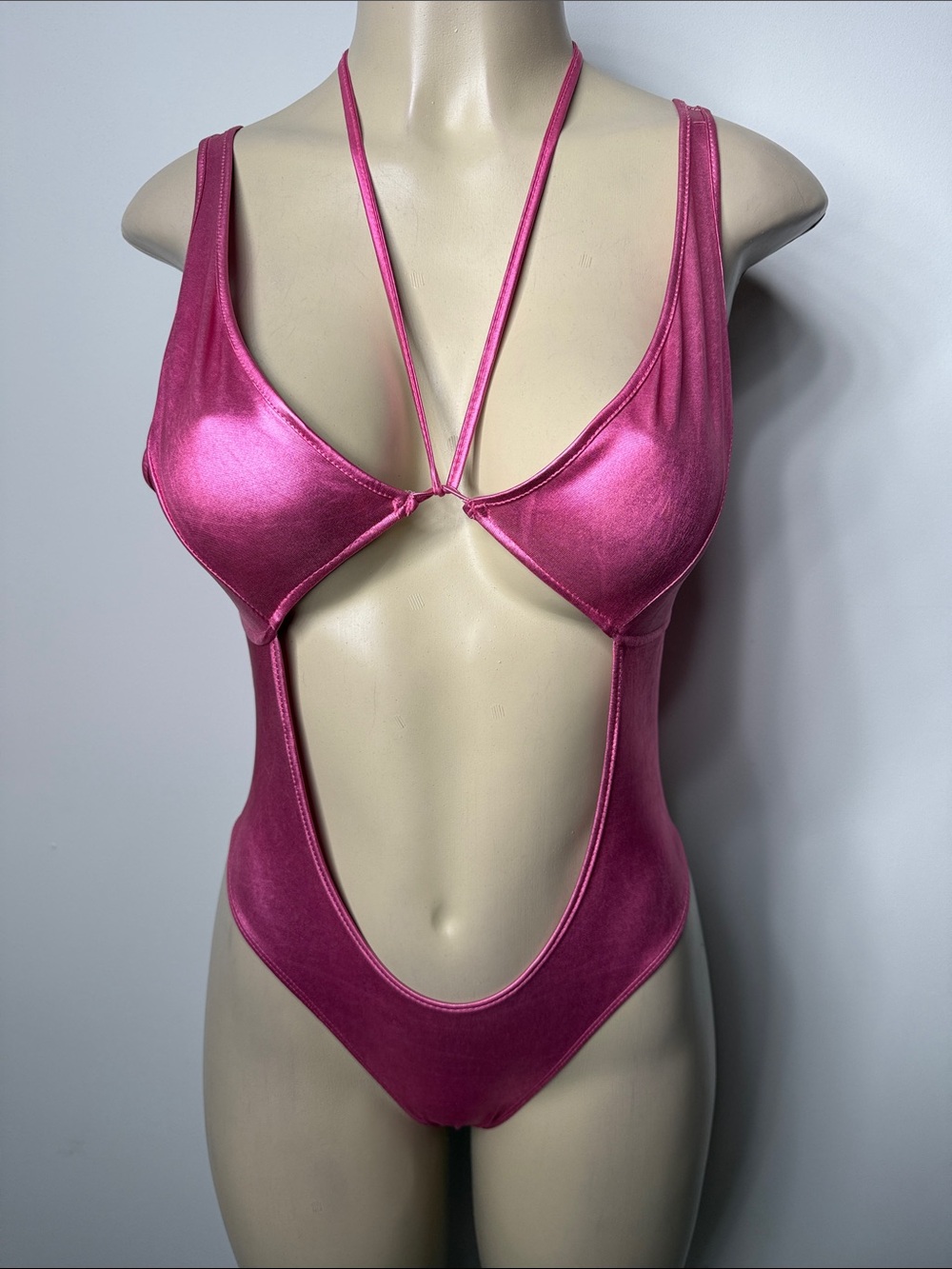 SHEIN Hot Pink Satin Cutout Halter Bodysuit